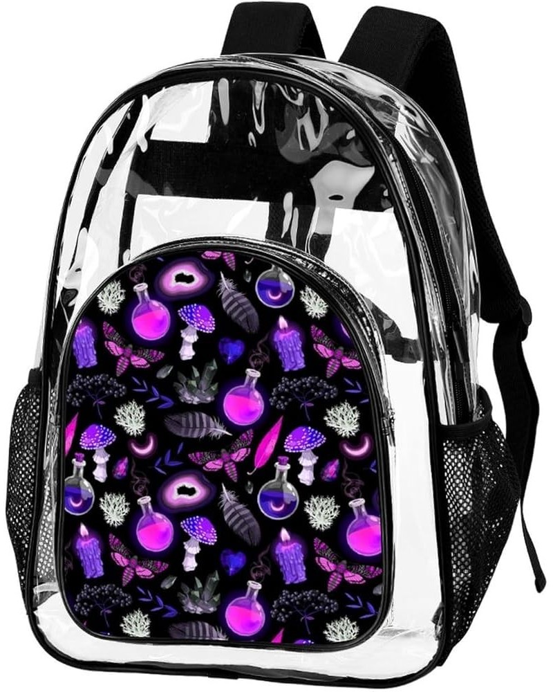 Clear Backpack Heavy Duty Large Gothic Magic Witch Witchy Trippy Purple Mushrooms Waterproof Transparent Backpacks for Adults...