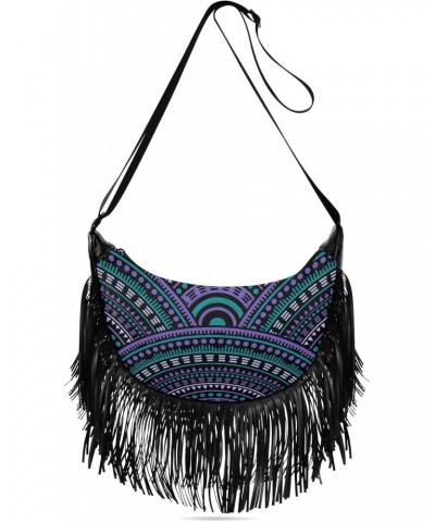 Blue Purple Ethnic Geometric Crossbody Bag for Women Fringe Shoulder Bag with Adjustable Strap $11.61 Crossbody Bags