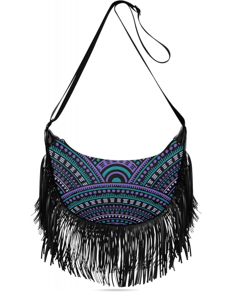 Blue Purple Ethnic Geometric Crossbody Bag for Women Fringe Shoulder Bag with Adjustable Strap $11.61 Crossbody Bags