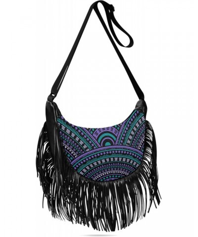 Blue Purple Ethnic Geometric Crossbody Bag for Women Fringe Shoulder Bag with Adjustable Strap $11.61 Crossbody Bags