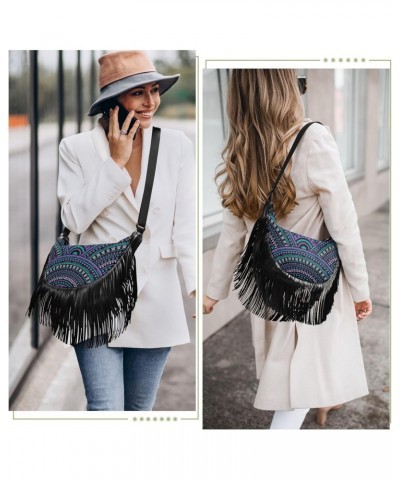 Blue Purple Ethnic Geometric Crossbody Bag for Women Fringe Shoulder Bag with Adjustable Strap $11.61 Crossbody Bags