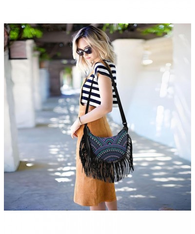 Blue Purple Ethnic Geometric Crossbody Bag for Women Fringe Shoulder Bag with Adjustable Strap $11.61 Crossbody Bags