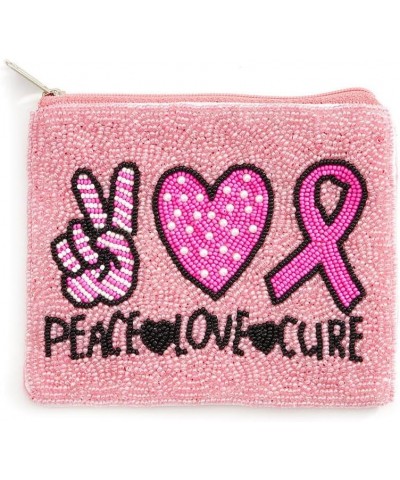 Pink Ribbon Peace Love Cure Message Seed Beaded Heart Mini Pouch Bag $8.40 Evening Bags