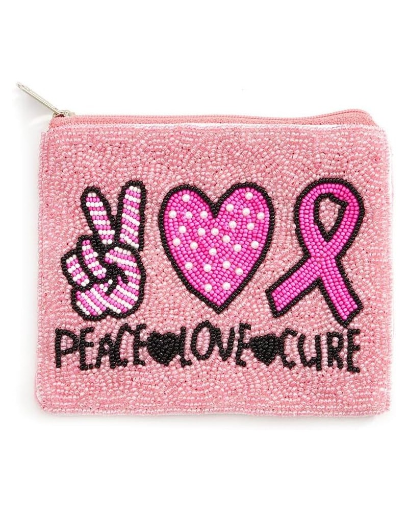 Pink Ribbon Peace Love Cure Message Seed Beaded Heart Mini Pouch Bag $8.40 Evening Bags