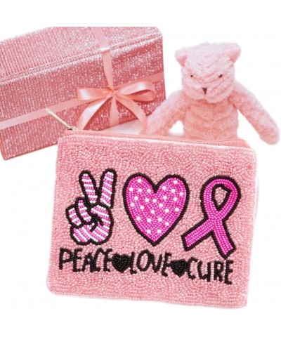 Pink Ribbon Peace Love Cure Message Seed Beaded Heart Mini Pouch Bag $8.40 Evening Bags