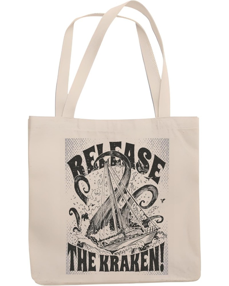 Gift for Mythology Lovers Kraken Sea Monster Attacking a Ship Quote Natural White Multicolor Canvas Tote Bag 1084 $19.71 Totes