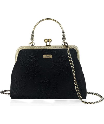 Floral Top Handle Handbag Chain Strap Women Kiss Lock Canvas Frame Shoulder Bag Black-lace $17.64 Shoulder Bags