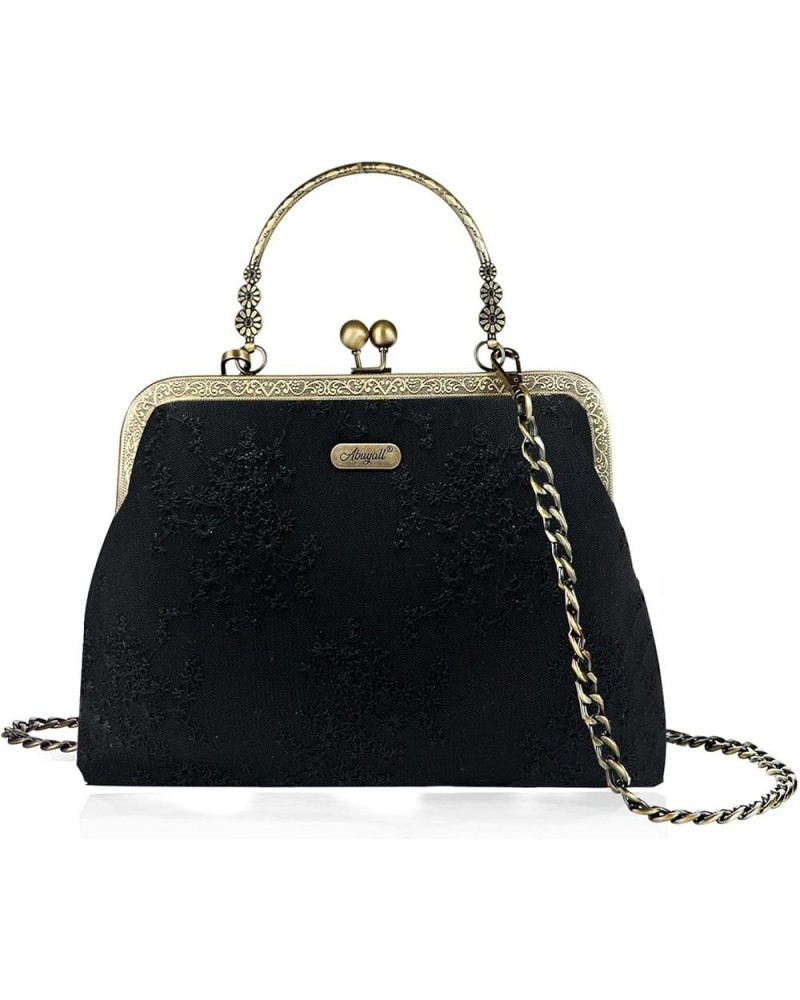 Floral Top Handle Handbag Chain Strap Women Kiss Lock Canvas Frame Shoulder Bag Black-lace $17.64 Shoulder Bags