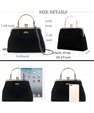 Floral Top Handle Handbag Chain Strap Women Kiss Lock Canvas Frame Shoulder Bag Black-lace $17.64 Shoulder Bags