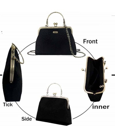 Floral Top Handle Handbag Chain Strap Women Kiss Lock Canvas Frame Shoulder Bag Black-lace $17.64 Shoulder Bags