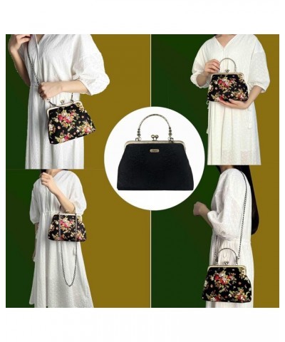 Floral Top Handle Handbag Chain Strap Women Kiss Lock Canvas Frame Shoulder Bag Black-lace $17.64 Shoulder Bags