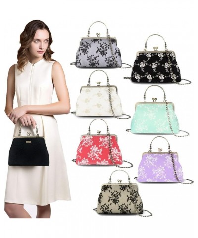 Floral Top Handle Handbag Chain Strap Women Kiss Lock Canvas Frame Shoulder Bag Black-lace $17.64 Shoulder Bags