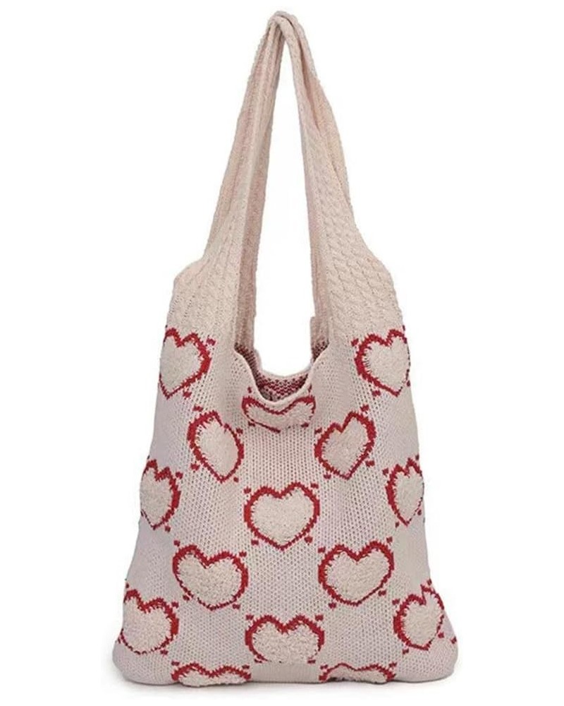 Crochet Tote Bag Cute Aesthetic Hobo Bag Hearts Pattern Knitted Shoulder Bag Hollow Beach Bag for Women H01-apricot $22.86 Totes