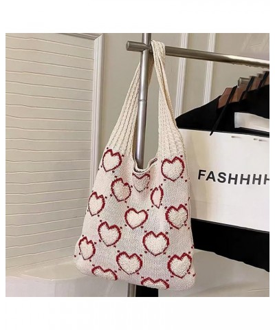 Crochet Tote Bag Cute Aesthetic Hobo Bag Hearts Pattern Knitted Shoulder Bag Hollow Beach Bag for Women H01-apricot $22.86 Totes