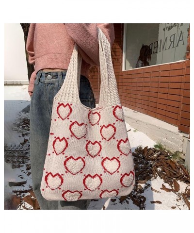 Crochet Tote Bag Cute Aesthetic Hobo Bag Hearts Pattern Knitted Shoulder Bag Hollow Beach Bag for Women H01-apricot $22.86 Totes