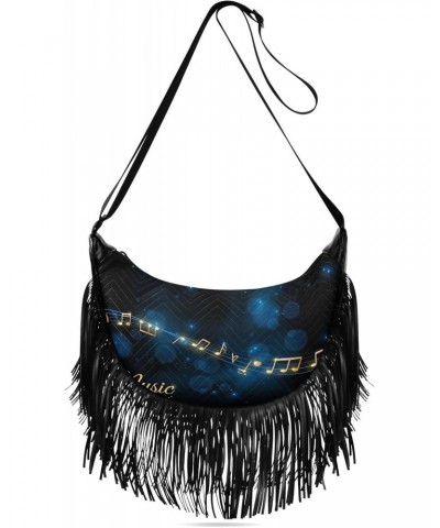 Black Music-note-print Women Tassel Fringe Shoulder bag, Fringe Purse Crossbody, Women Tassel Hobo Bag with Zipper $12.39 Hob...