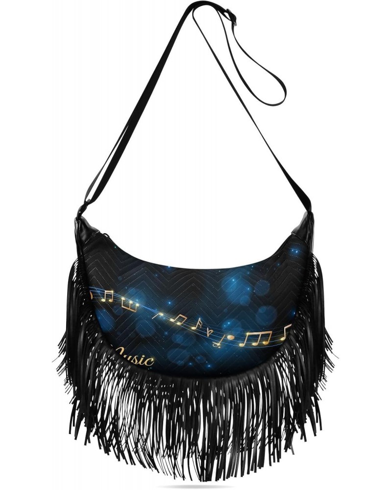 Black Music-note-print Women Tassel Fringe Shoulder bag, Fringe Purse Crossbody, Women Tassel Hobo Bag with Zipper $12.39 Hob...