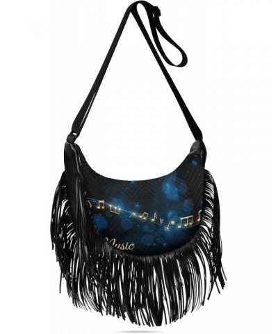 Black Music-note-print Women Tassel Fringe Shoulder bag, Fringe Purse Crossbody, Women Tassel Hobo Bag with Zipper $12.39 Hob...