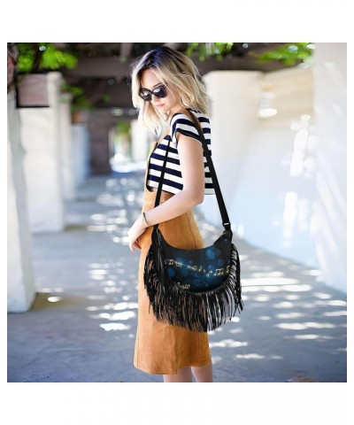 Black Music-note-print Women Tassel Fringe Shoulder bag, Fringe Purse Crossbody, Women Tassel Hobo Bag with Zipper $12.39 Hob...