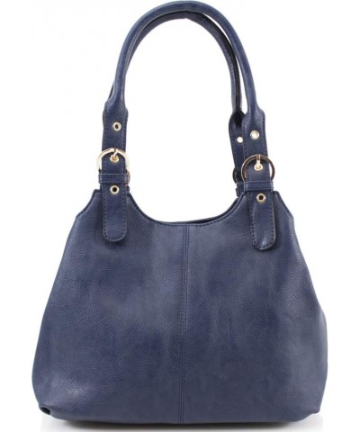 Ladies Women Faux Leather Buckled Shoulder Bag Tote Handbag Navy $13.20 Shoulder Bags