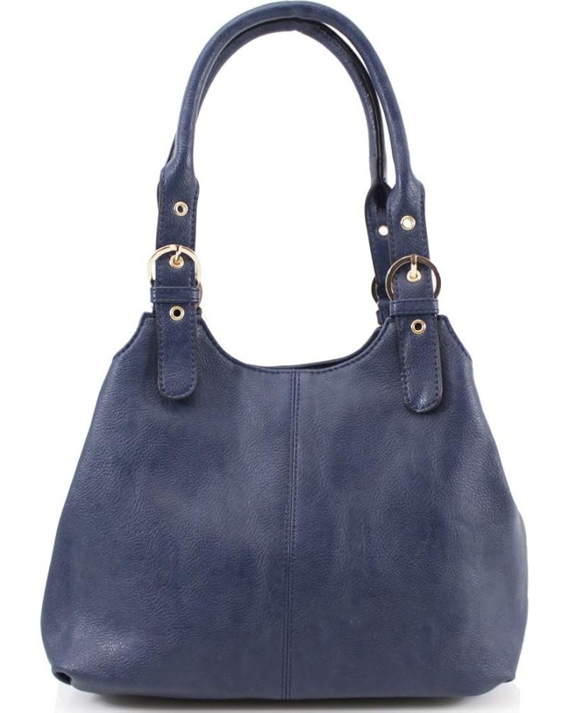 Ladies Women Faux Leather Buckled Shoulder Bag Tote Handbag Navy $13.20 Shoulder Bags