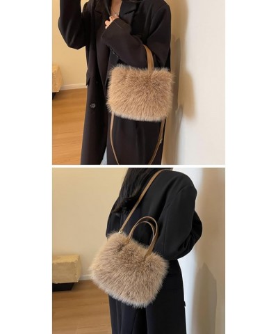 Women Small Faux Fox Fur Tote Bag Mini Furry Top Handle Bag Plush Shoulder Bag Crossbody Bag Handbag Beige $12.22 Totes