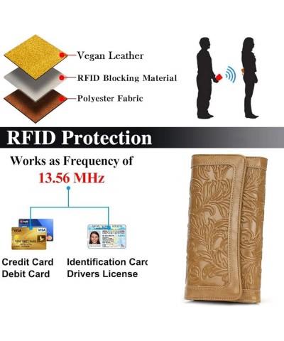 Women's Wallet Leather RFID Blocking Trifold Ladies Purse Embossed long Clutch Card Holder Phone Checkbook Organizer Khaki $1...