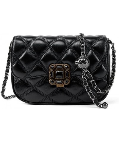 Women's Quilted Leather Crossbody Bag with Chain Strap - Flap Lock Closure, Gold Bead Hardware Adjustment Black $31.71 Crossb...