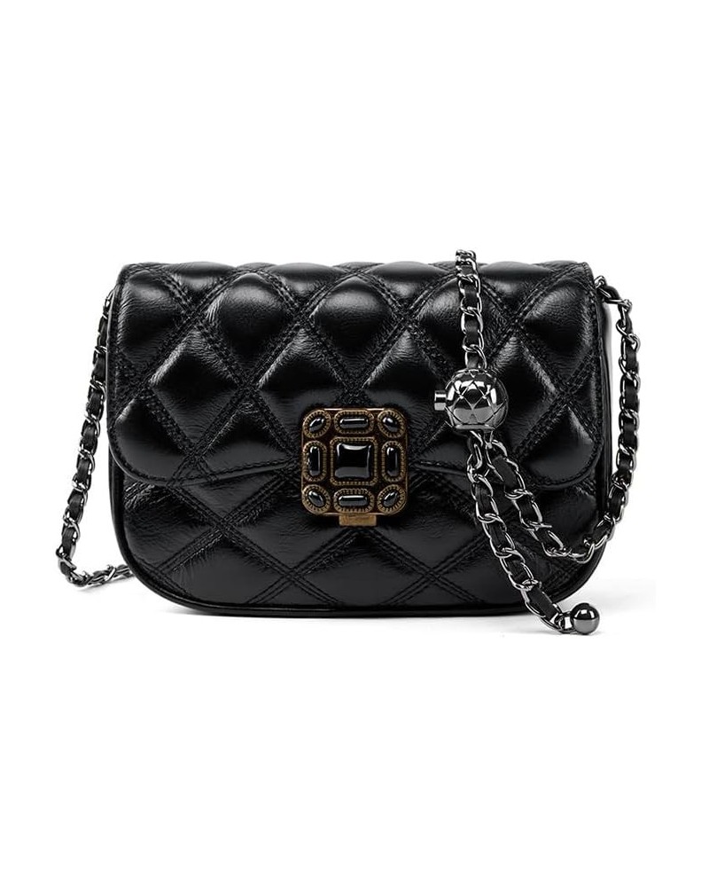 Women's Quilted Leather Crossbody Bag with Chain Strap - Flap Lock Closure, Gold Bead Hardware Adjustment Black $31.71 Crossb...