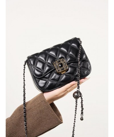 Women's Quilted Leather Crossbody Bag with Chain Strap - Flap Lock Closure, Gold Bead Hardware Adjustment Black $31.71 Crossb...