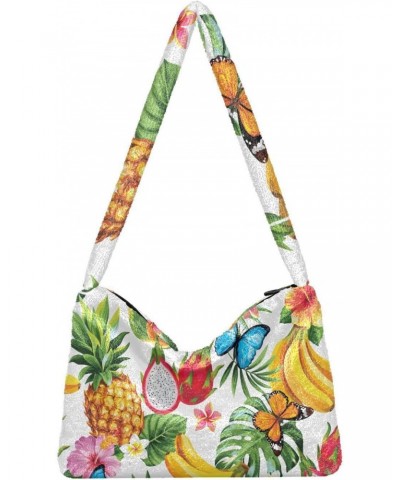 Tropical Flowers Leaves Butterflies Shoulder Tote Bags for Women Furry Crossbody bag Hobo Handbag Purses for Working Shopping...