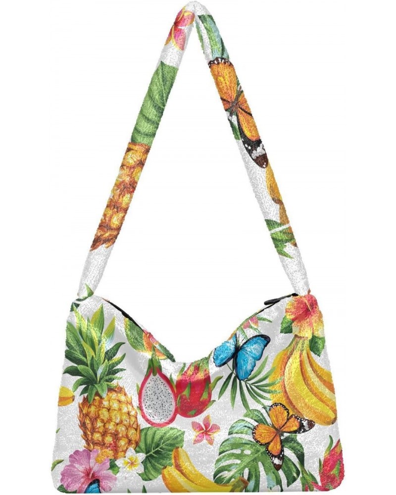 Tropical Flowers Leaves Butterflies Shoulder Tote Bags for Women Furry Crossbody bag Hobo Handbag Purses for Working Shopping...