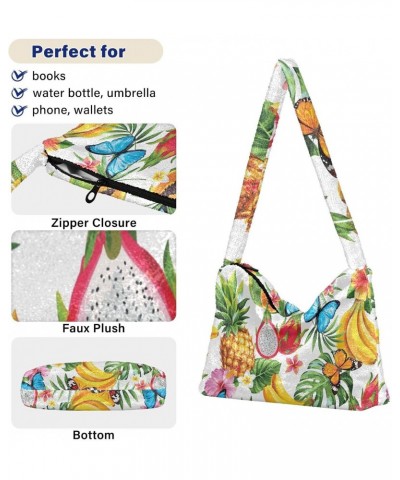 Tropical Flowers Leaves Butterflies Shoulder Tote Bags for Women Furry Crossbody bag Hobo Handbag Purses for Working Shopping...