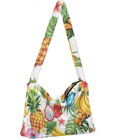 Tropical Flowers Leaves Butterflies Shoulder Tote Bags for Women Furry Crossbody bag Hobo Handbag Purses for Working Shopping...