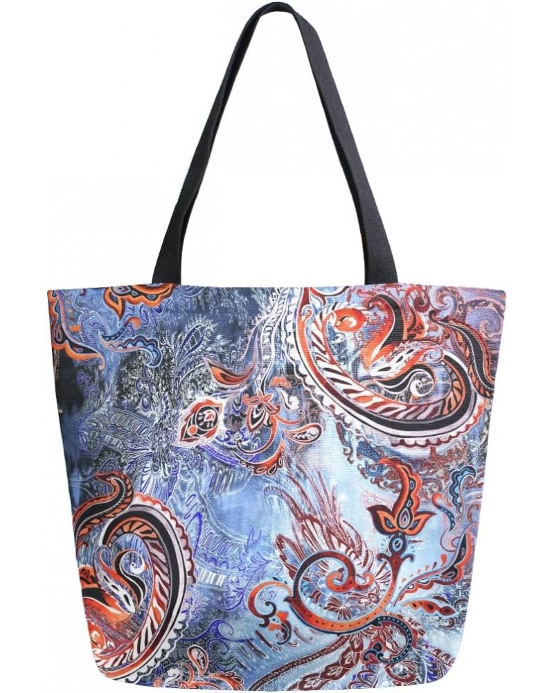 Watercolor Paisley Ethnic Pattern Large Canvas Tote Bag Shopping Shoulder Handbag with Small Zippered Pocket $9.02 Totes