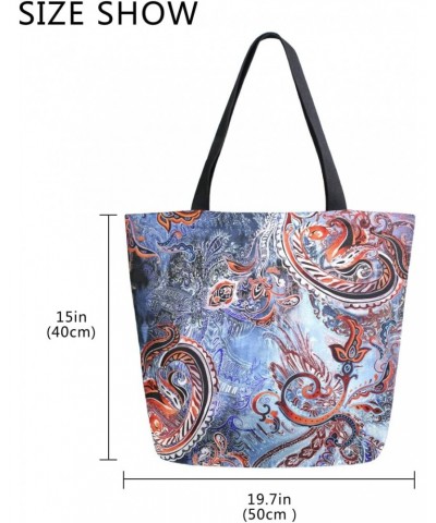 Watercolor Paisley Ethnic Pattern Large Canvas Tote Bag Shopping Shoulder Handbag with Small Zippered Pocket $9.02 Totes