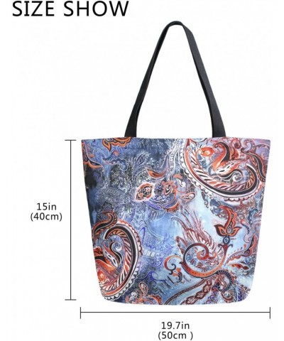 Watercolor Paisley Ethnic Pattern Large Canvas Tote Bag Shopping Shoulder Handbag with Small Zippered Pocket $9.02 Totes