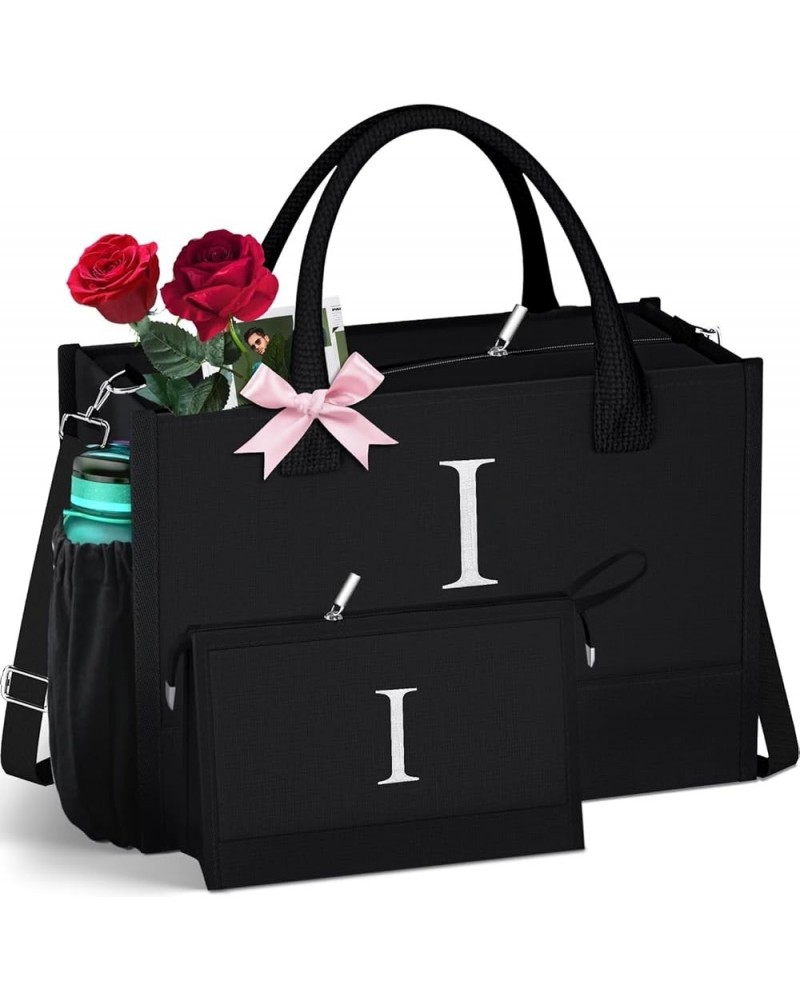 Initial Black Canvas Tote Bag & Makeup Bag with Zipper Adjustable Strap, Personalized Present Bag for Women Birthday I $15.95...