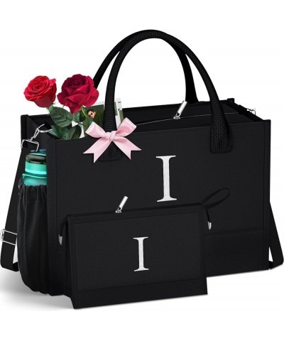 Initial Black Canvas Tote Bag & Makeup Bag with Zipper Adjustable Strap, Personalized Present Bag for Women Birthday I $15.95...