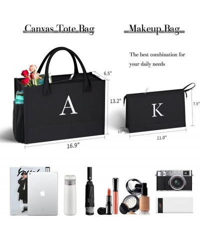 Initial Black Canvas Tote Bag & Makeup Bag with Zipper Adjustable Strap, Personalized Present Bag for Women Birthday I $15.95...