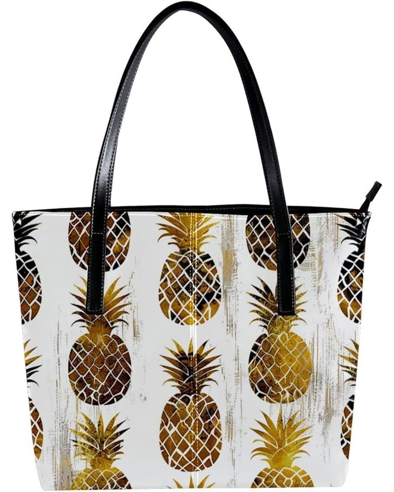 Tote Bag, Vegan Leather Large Tote Bag, Tote Bag with Zipper, Golden Pineapple Fashion Pattern, Totes for Women Pattern 5547 ...