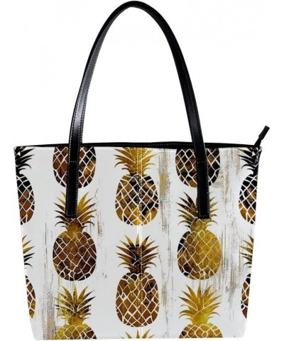 Tote Bag, Vegan Leather Large Tote Bag, Tote Bag with Zipper, Golden Pineapple Fashion Pattern, Totes for Women Pattern 5547 ...