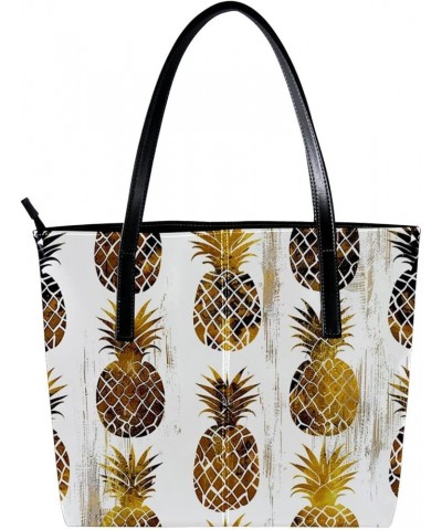 Tote Bag, Vegan Leather Large Tote Bag, Tote Bag with Zipper, Golden Pineapple Fashion Pattern, Totes for Women Pattern 5547 ...