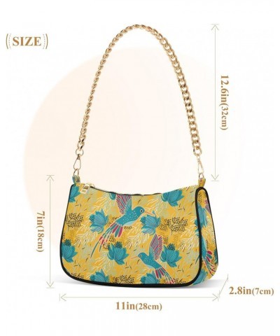 Women Chain Shoulder Purse Bag With Zipper Retro Hummingbird Print, Spring Flowers Leaves Hobo Tote Clutch Handbags with Chai...