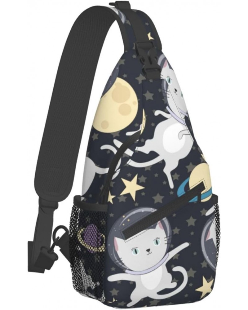 Cartoon Cat Astronaut in Space Pattern Sling Bag Crossbody Sling Backpack Chest Shoulder Bag Daypack for Hiking Walking Trave...