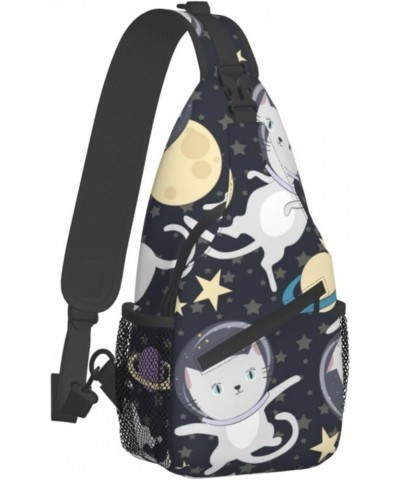 Cartoon Cat Astronaut in Space Pattern Sling Bag Crossbody Sling Backpack Chest Shoulder Bag Daypack for Hiking Walking Trave...