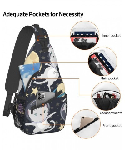 Cartoon Cat Astronaut in Space Pattern Sling Bag Crossbody Sling Backpack Chest Shoulder Bag Daypack for Hiking Walking Trave...