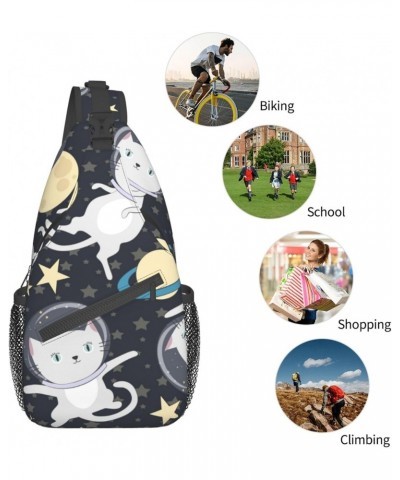 Cartoon Cat Astronaut in Space Pattern Sling Bag Crossbody Sling Backpack Chest Shoulder Bag Daypack for Hiking Walking Trave...