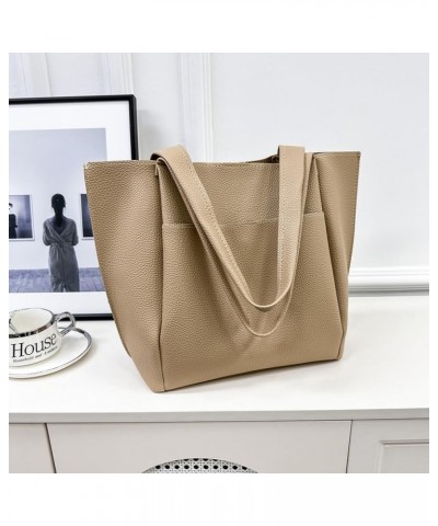 Women Simple Shoulder Bag Solid Color PU Leather Commuting Bags Large Capacity Fashion Tote Bag Hasp Closure Soft Tote Beige ...