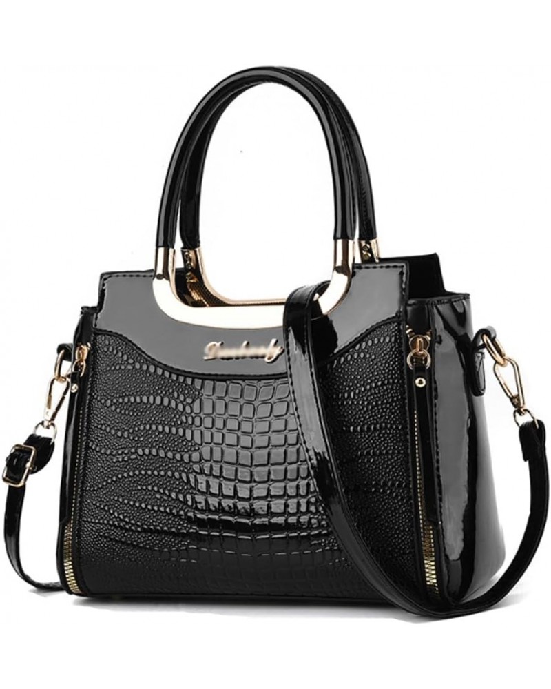 Glossy Patent Leather Handbags Purses for Women Satchel Crocodile Pattern Top Handle Handbag Ladies Shoulder Bag Black $36.62...